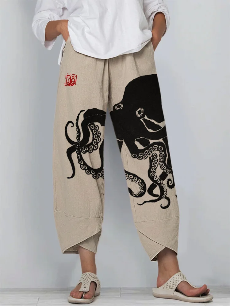 Comstylish Octopus Japanese Lino Art Cropped Casual Pants