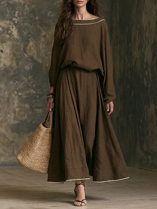 Women's Off-Shoulder Linen Top & Maxi Skirt Set With Contrast Trim MD