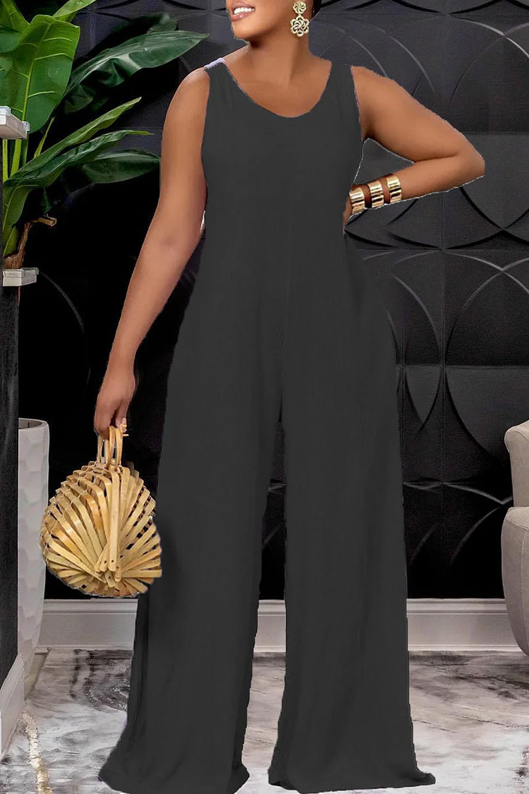 Black Casual Solid Split Joint Frenulum Backless O Neck Straight Jumpsuits