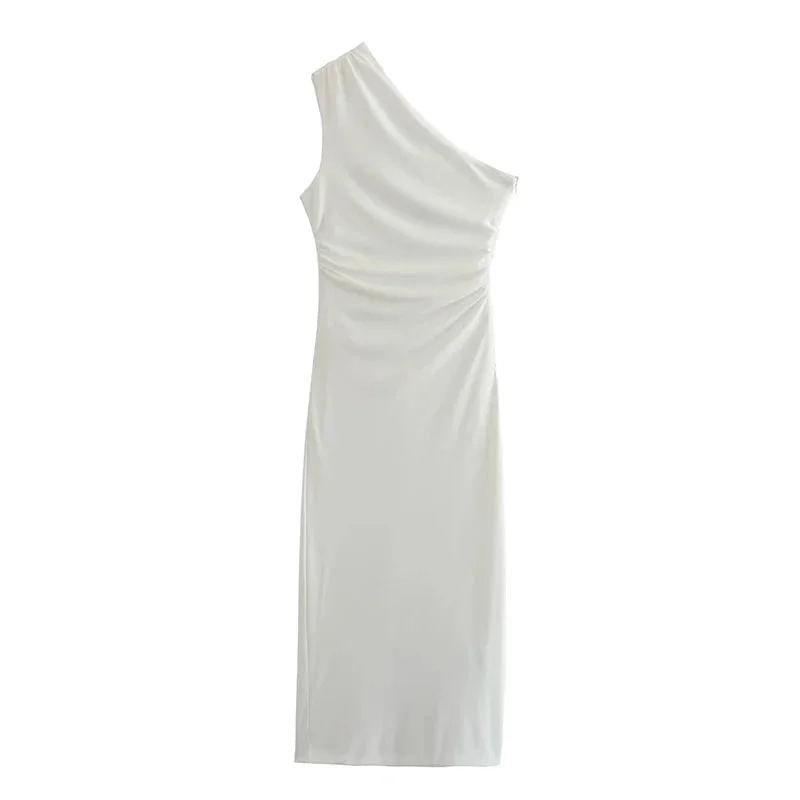 Tlbang Elegant Women White Draped Asymmetric Midi Dress Party Vestidos