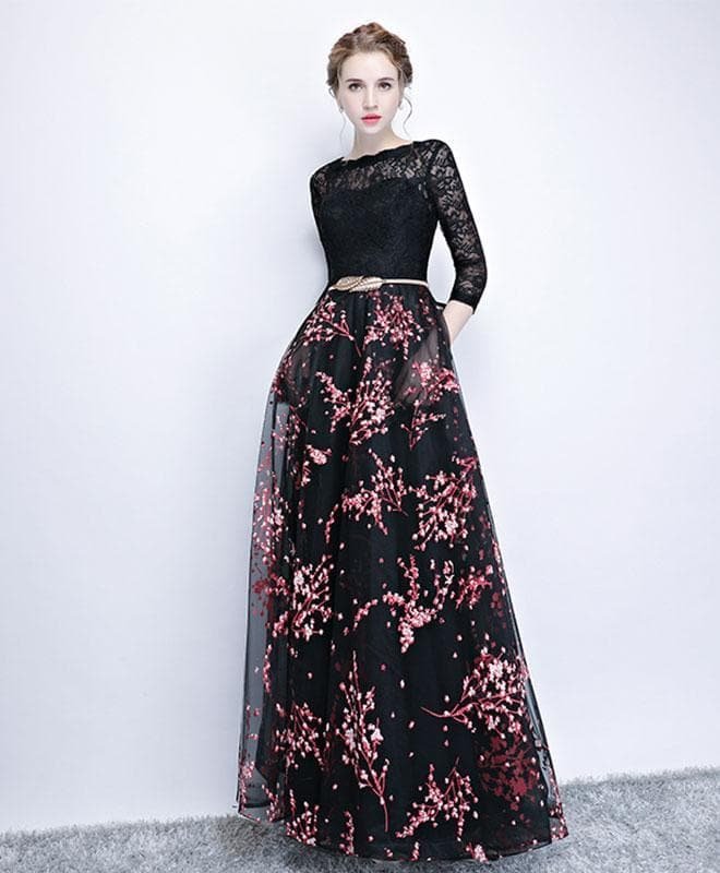 Black Lace Long Prom Dress, Long Sleeve Prom Dress A050