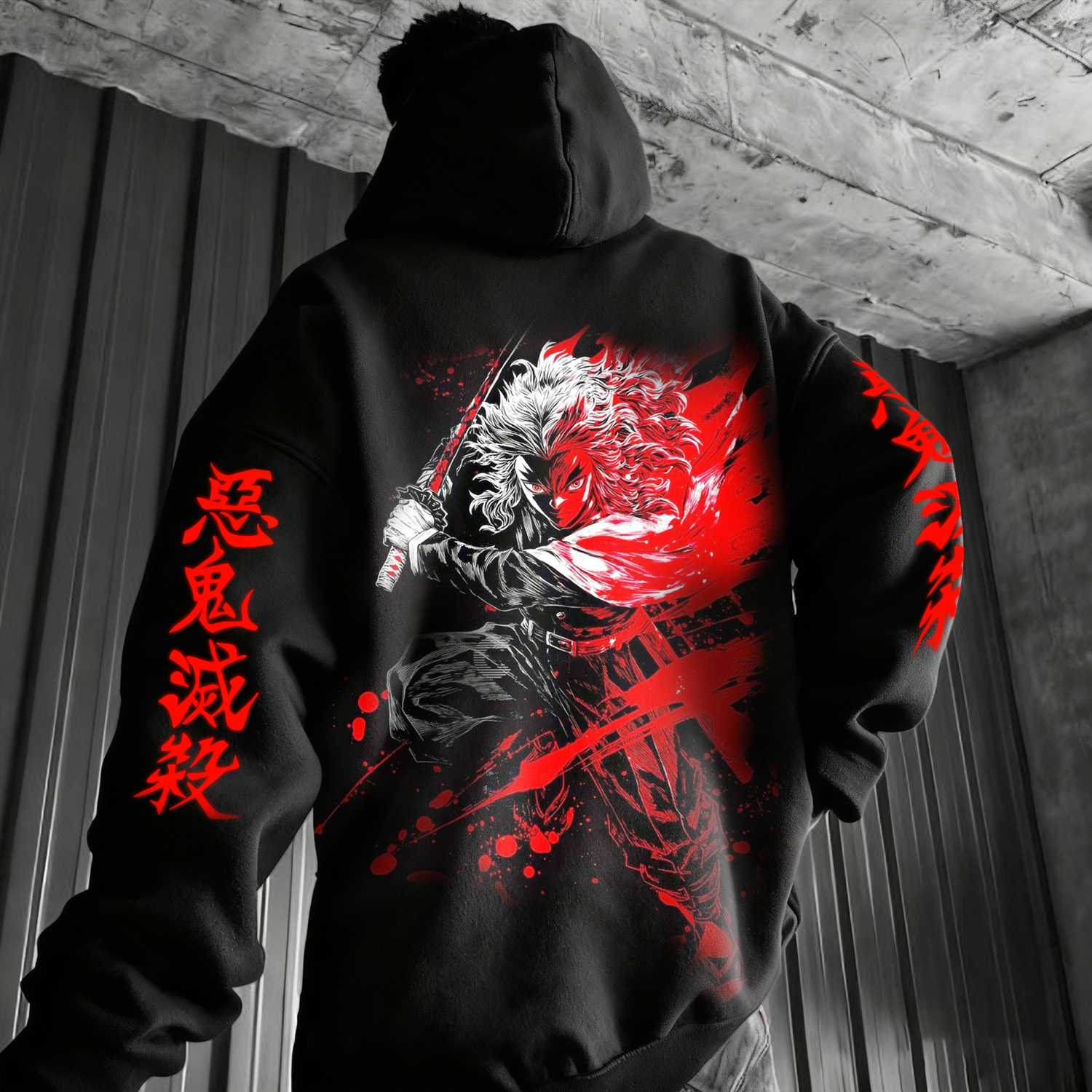 Anime-Inspired Hoodie with Unique Graphic Design and Samurai Sword Art