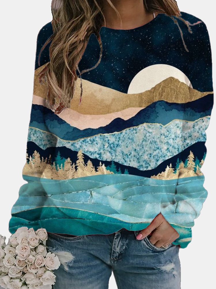 Casual Landscape Printed Long Sleeve O neck Blouse For Women P1735154