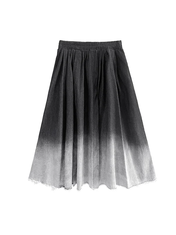 A-Line Roomy Elasticity Fringed Gradient High-Waisted Pleated Split-Joint Skirts