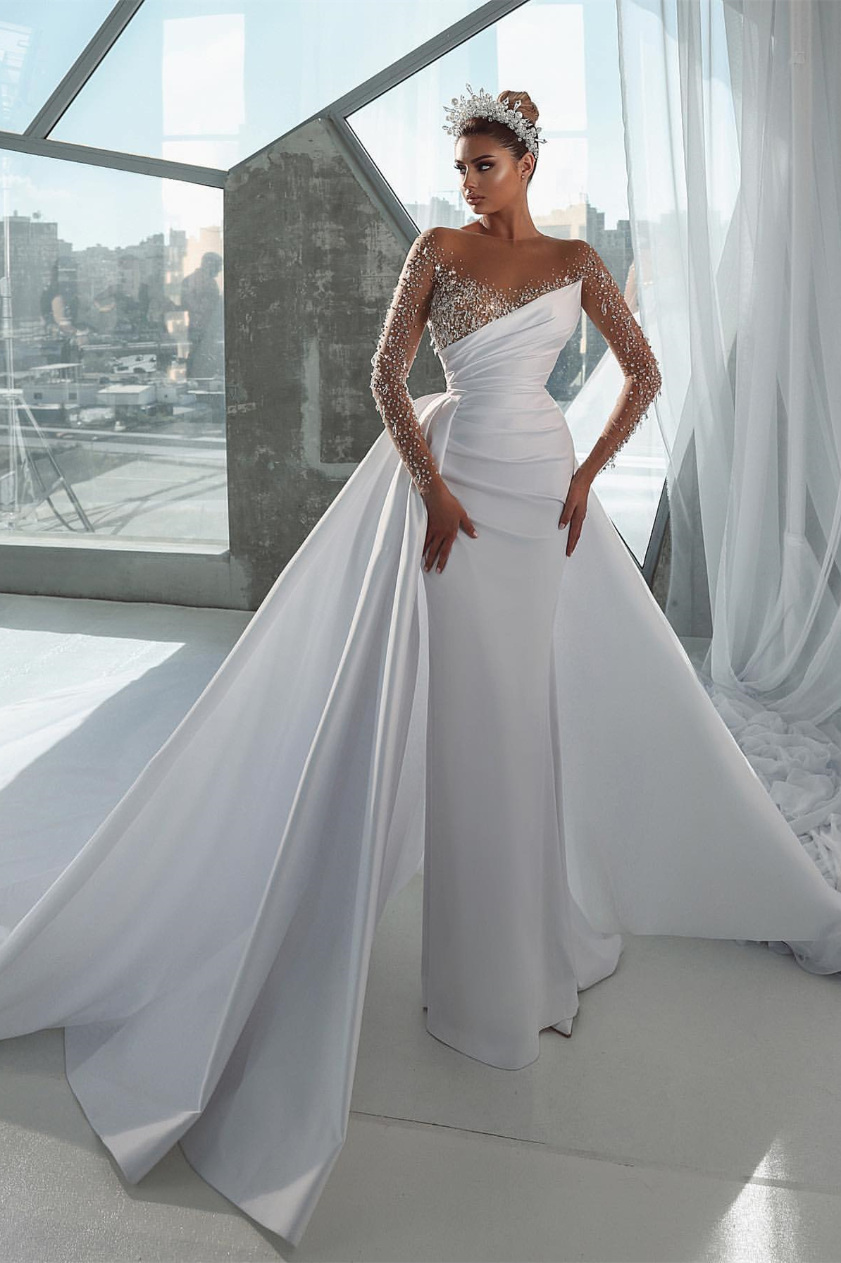 Bellasprom Long Sleeves Mermaid Wedding Dress Overskirt WIth Beadings