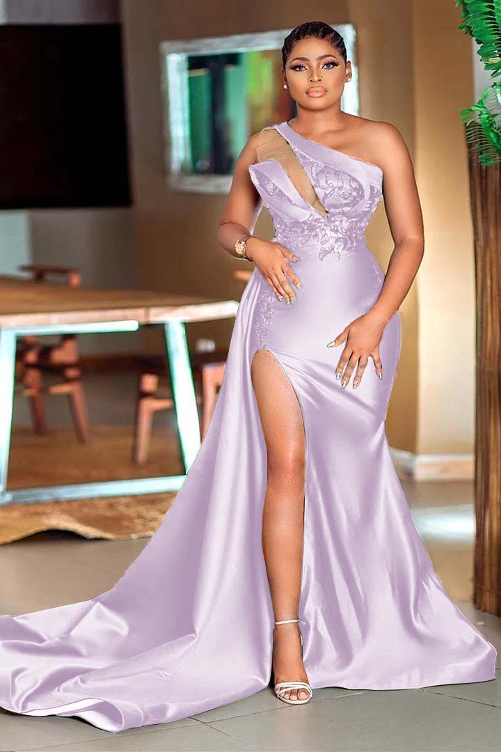 Lvs&Broner Dark Green Satin One-Shoulder Long Split Mermaid Prom Dress With Sequins