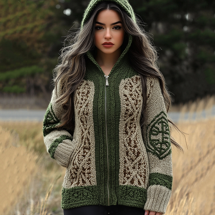 Women's Irish Celtic Knot Contrast Zip Hooded Sweater