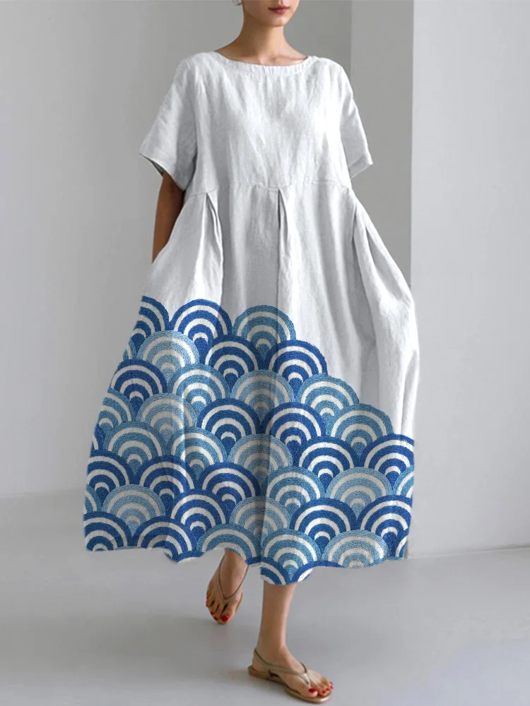 Comstylish Wave Embroidery Pattern Linen Blend Casual Dress