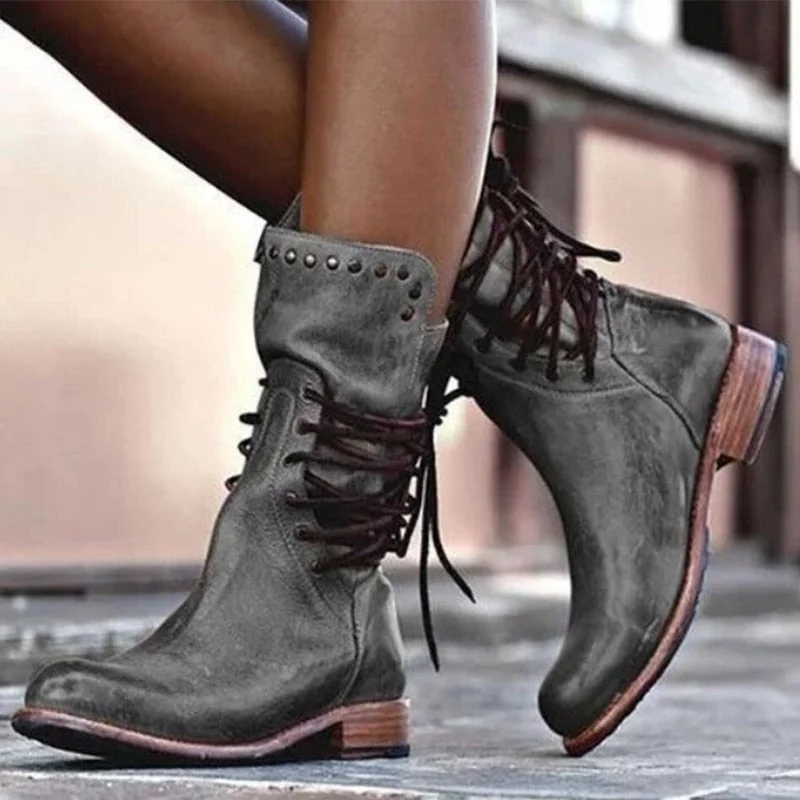 Women Shoes Retro Female Pu Leather Rivet Block Lace Up Motorcycle Boots Low Heel Mid Calf Boots Plus Size Fashion