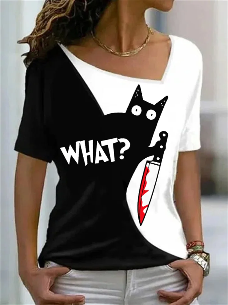 Vefave Cat With Bloody Knife Contrast Color T Shirt