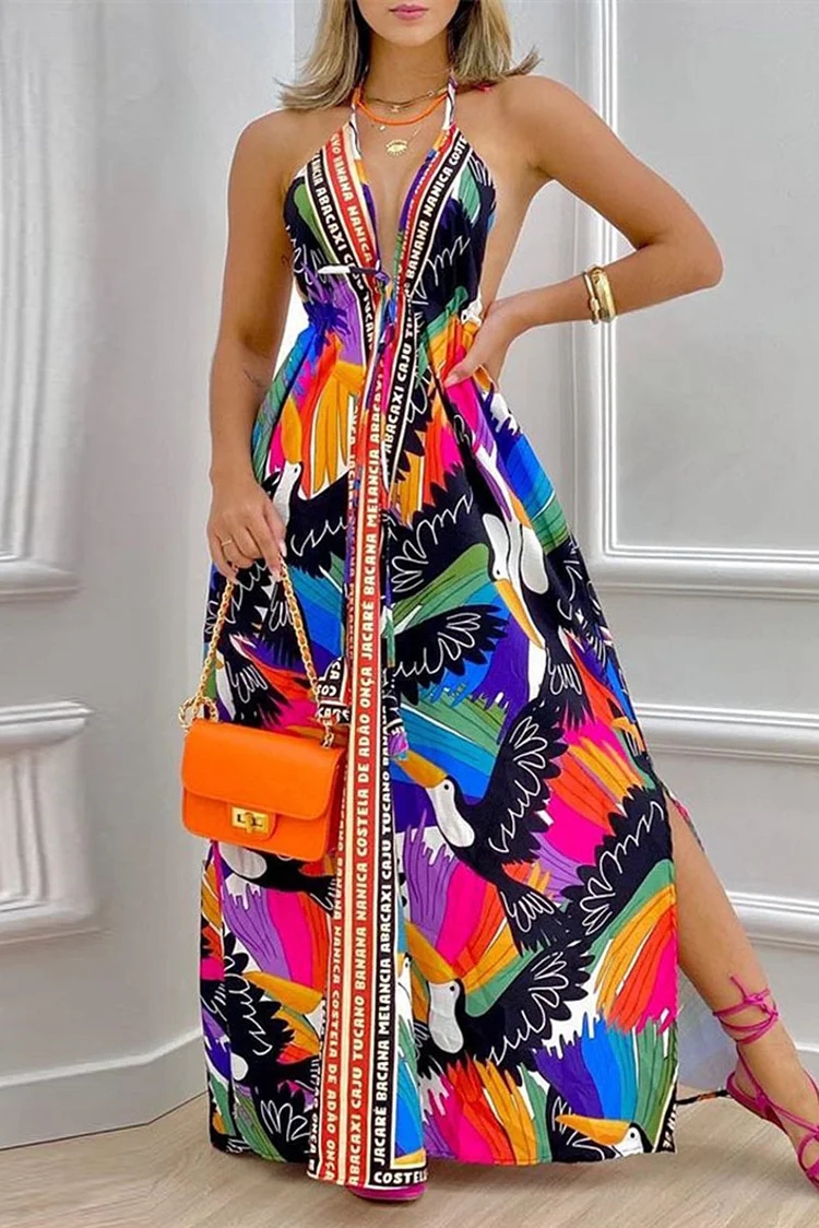Colour Fashion Sexy Print Bandage Backless Slit Halter Sleeveless Dress Dresses