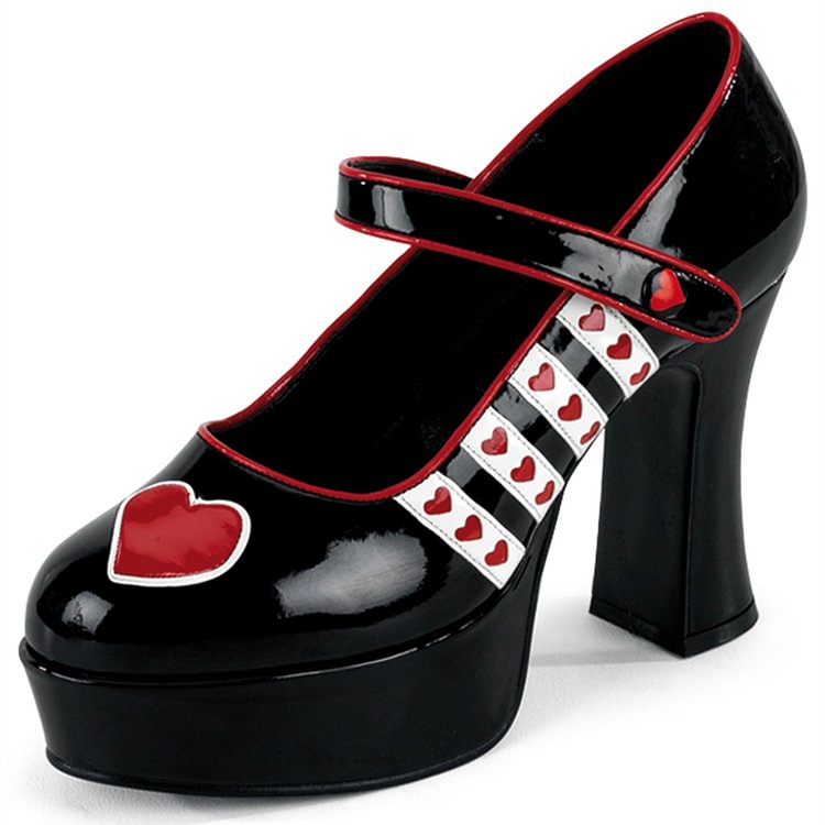 Harley Quinn Black Mary Jane Heart Chunky Heels Pumps for Halloween |FSJ Shoes