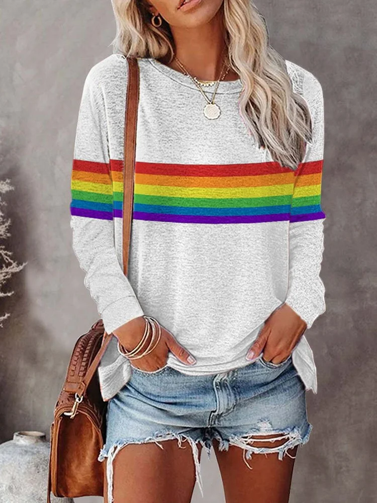 Vefave Rainbow Stripe Print Comfy Sweatshirt