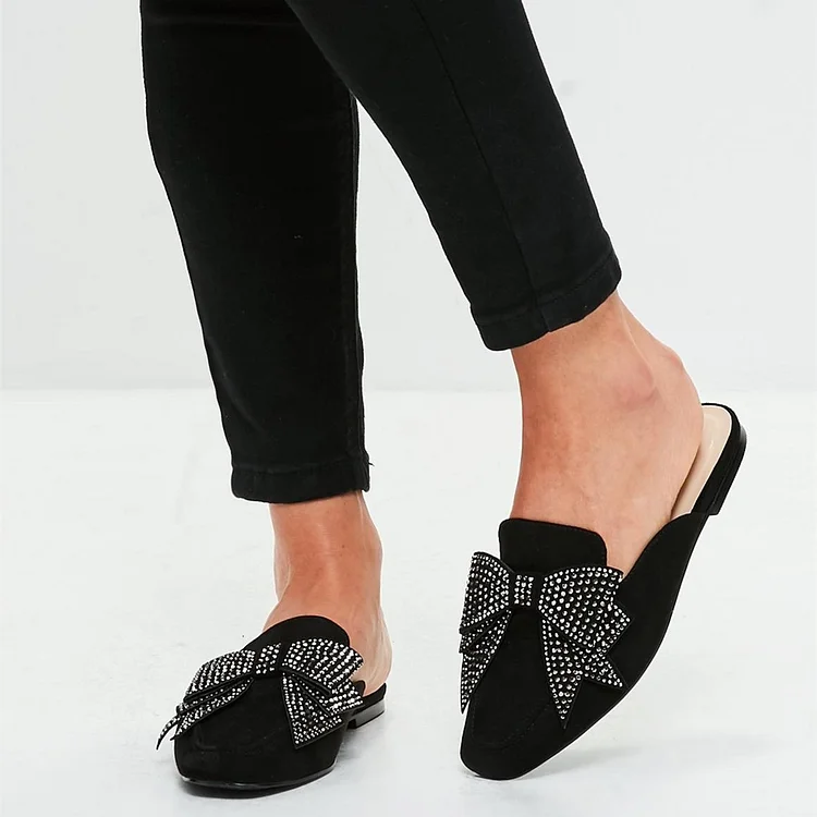 Black Vegan Suede Square Toe Mule Loafers with Rhinestone Bow |FSJ Shoes