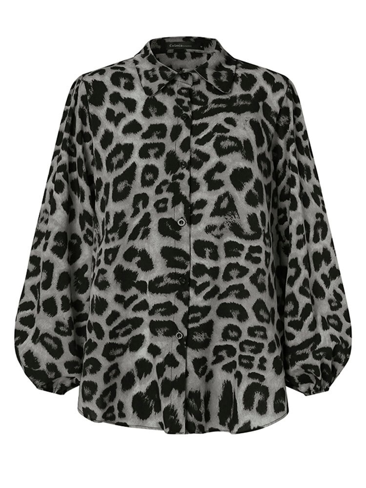 Women Leopard Print Lantern Long Sleeves Button Casual Blouse P1790825