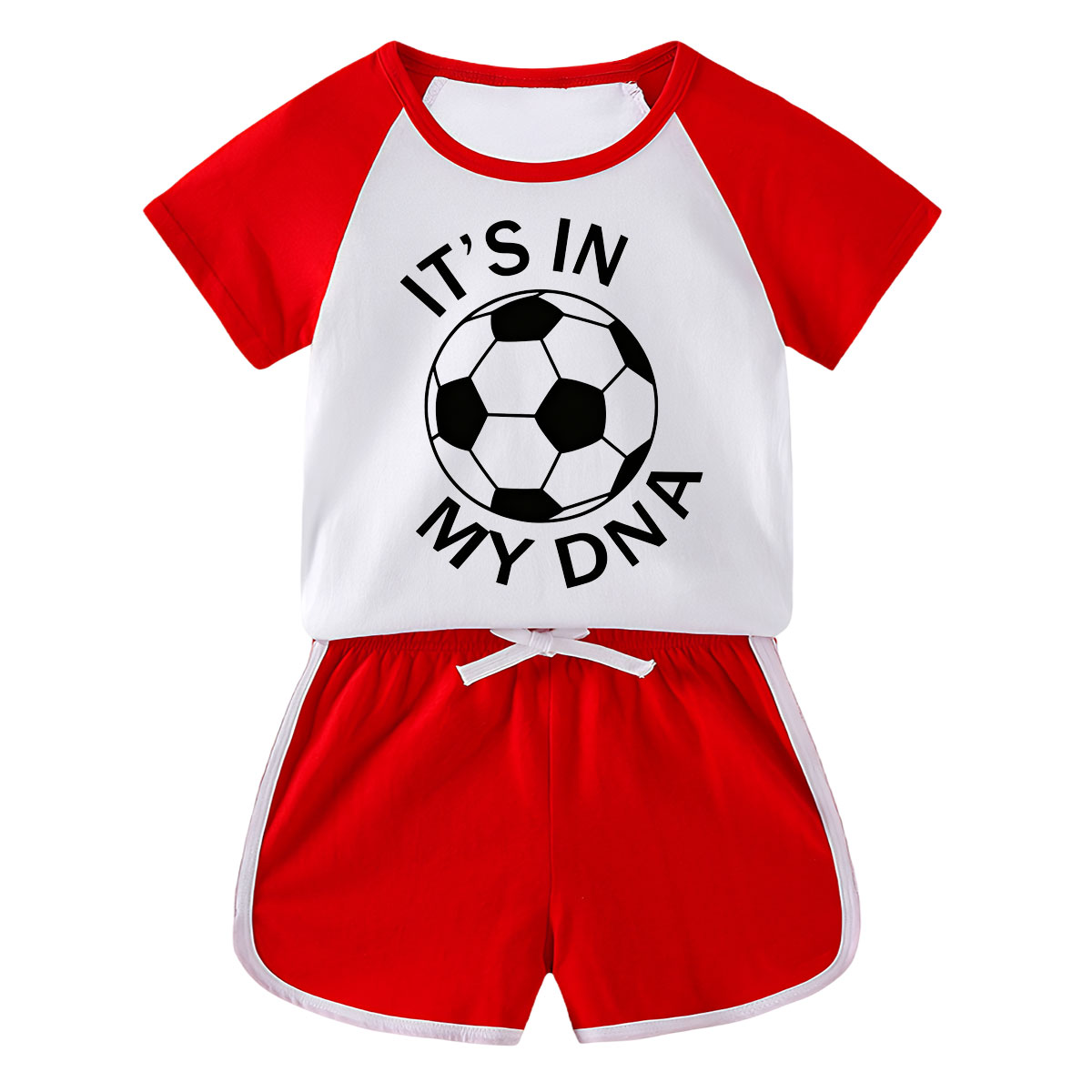 【18M-11Y】Toddler Soccer 'It's In My DNA' 2-Piece Outfit - Sporty Graphic Raglan Top & Shorts Set For Kids