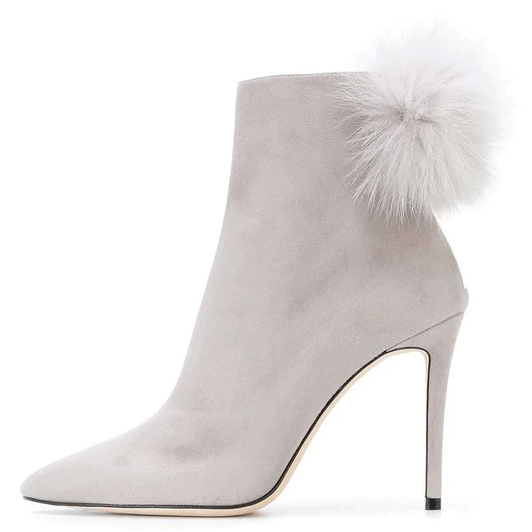 Grey Pom Pom Stiletto Ankle Boots in Suede Vdcoo