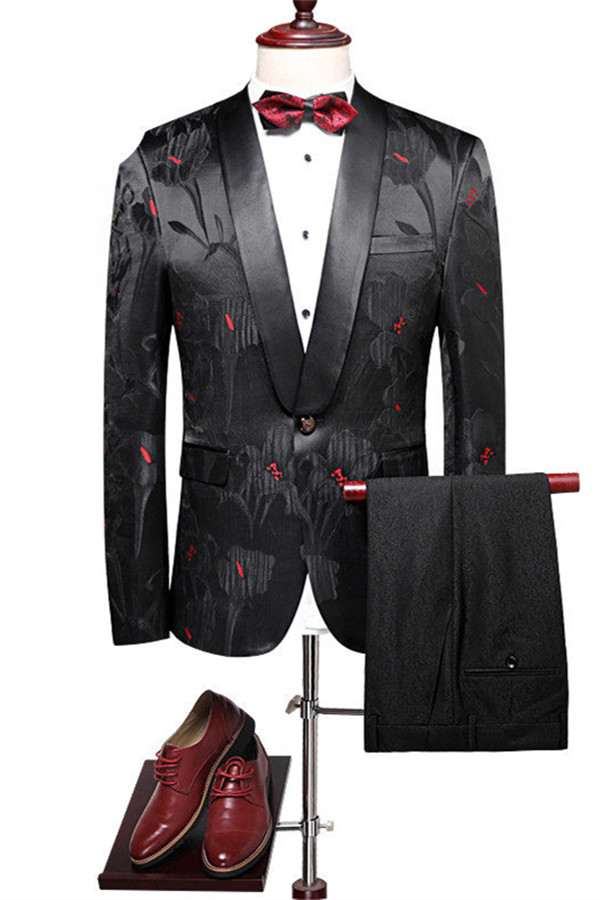 Dresseswow Elegant Black  Jacquard Short Fit  Prom  Suit For Man
