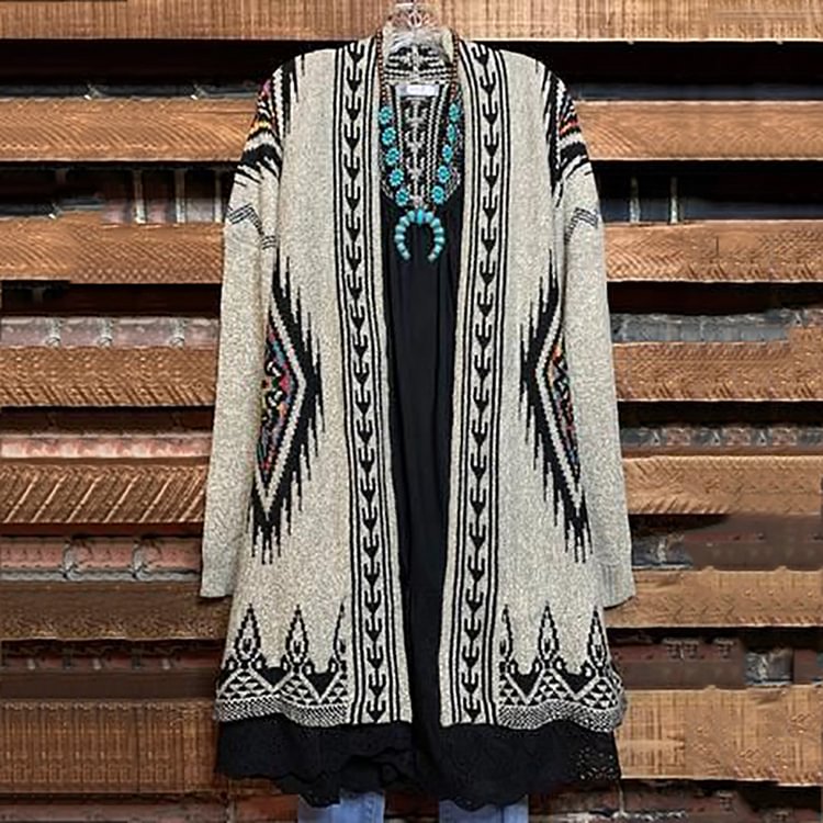 VChics Western Geometric Print Vintage Duster Kimono