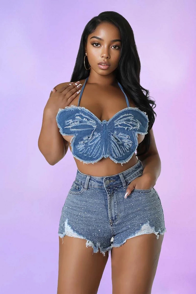 Denim Rhinestone Butterfly Halter Crop Ripped Shorts Matching Set