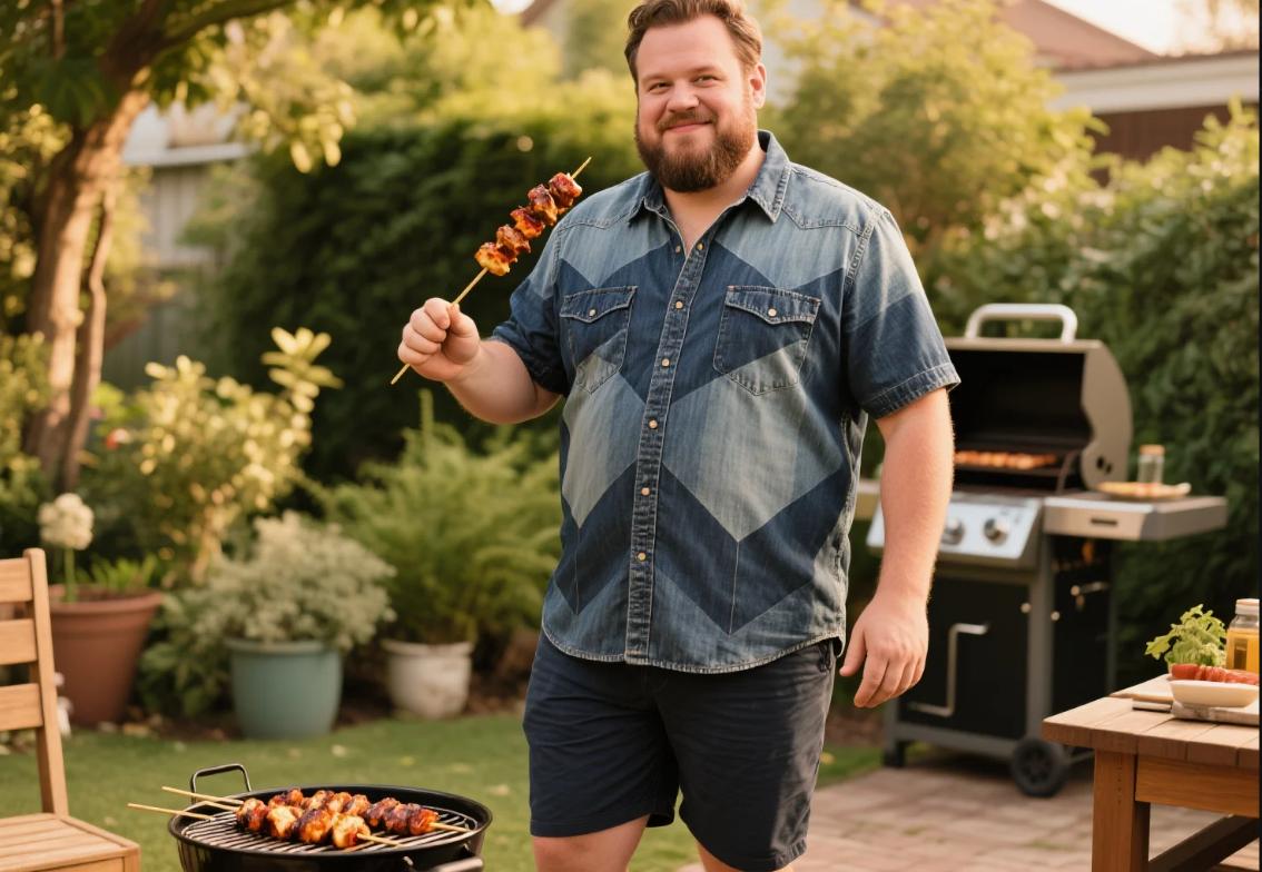 A man having BBQs in big and tall casual Western shirts