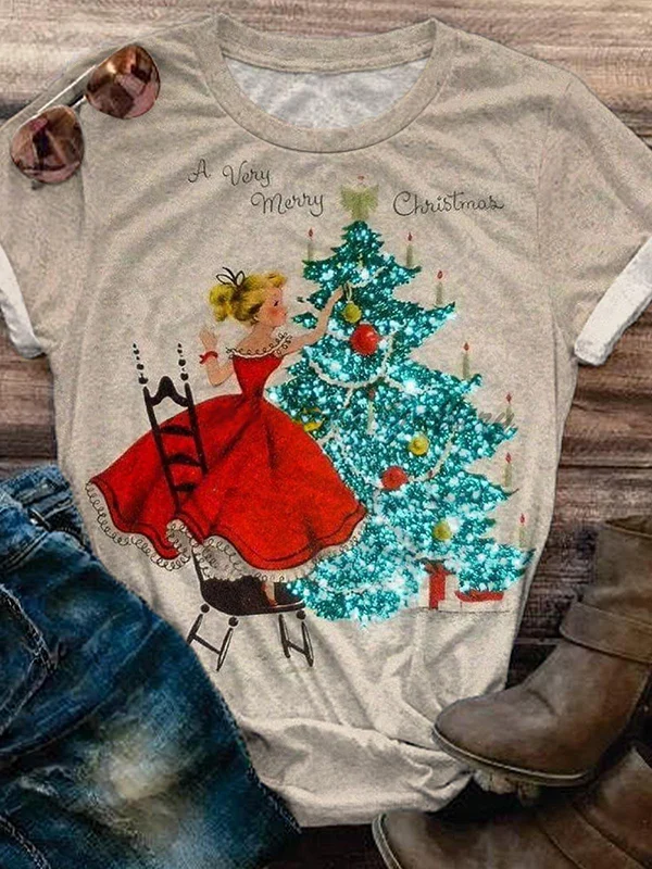 Women's A Very Merry Christmas Tree Graphic Print Crew Neck Tees