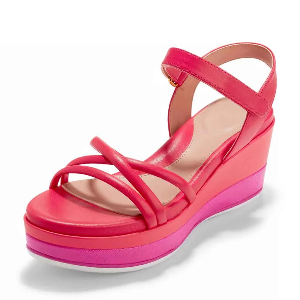 Red & Pink Square Toe Strappy Platform Sandals with Wedge Heels Nicepairs