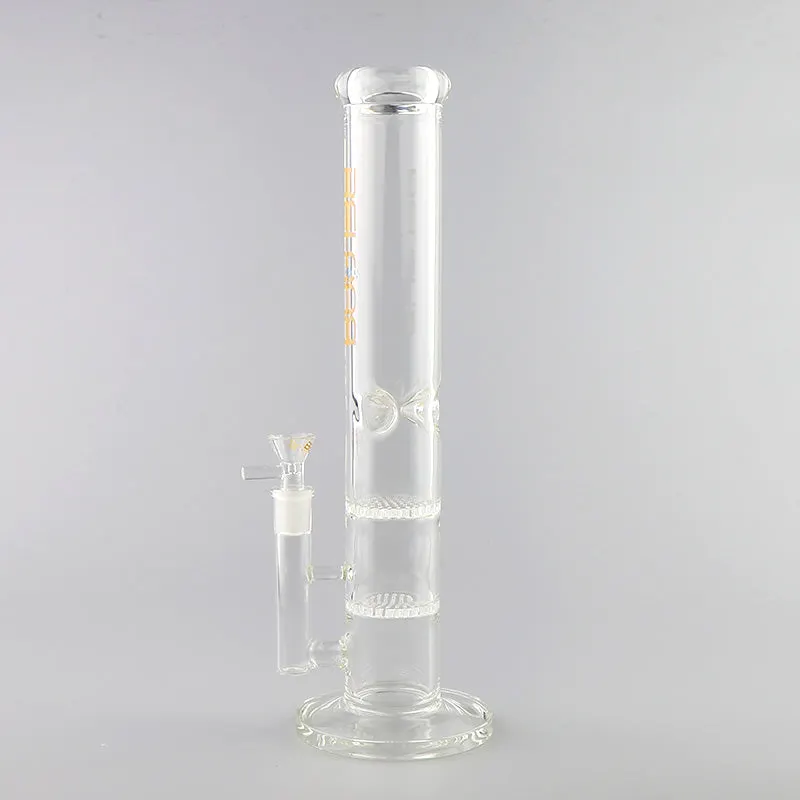 14" Tall Two Honeycomb Straight Tube Glass Water Bong
