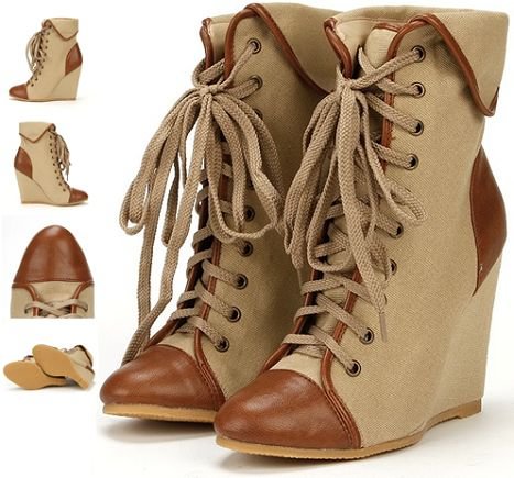 Women's Khaki Lace-up Boots Wedge Heels Vintage Shoes by FSJ Shoes |FSJ Shoes