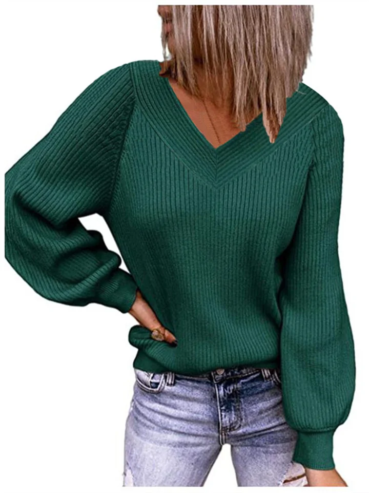 Autumn and Winter New Large Size Loose Knit Sweater V-neck Solid Color Pullover Sleeve Sweater Women's-JRSEE