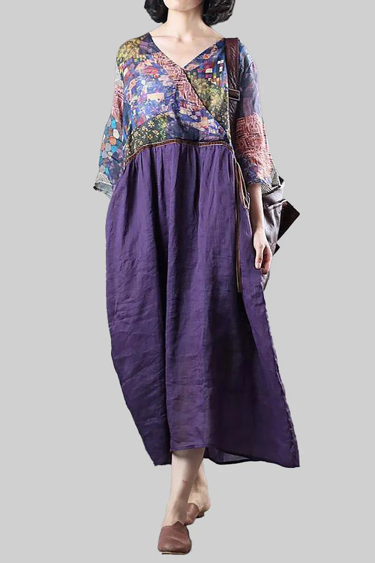 Linen Purple Half Sleeve V Neck Pattern printed linen Midi Dress