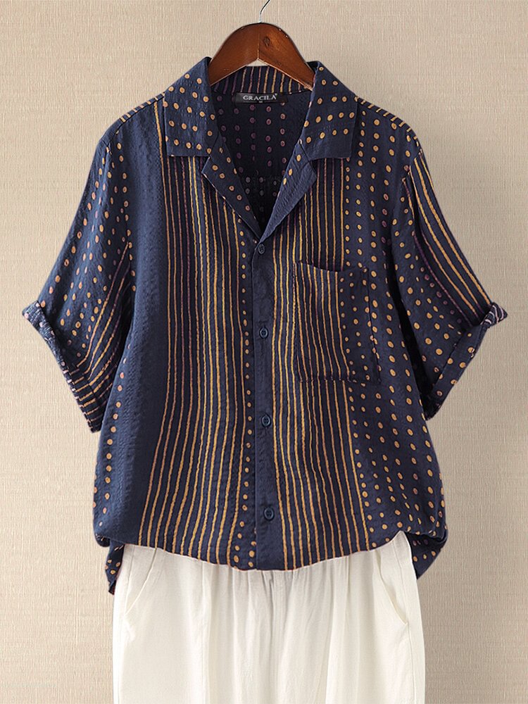 Women Polka Dot Striped Lapel Short Sleeve Shirt With Pocket P1661476