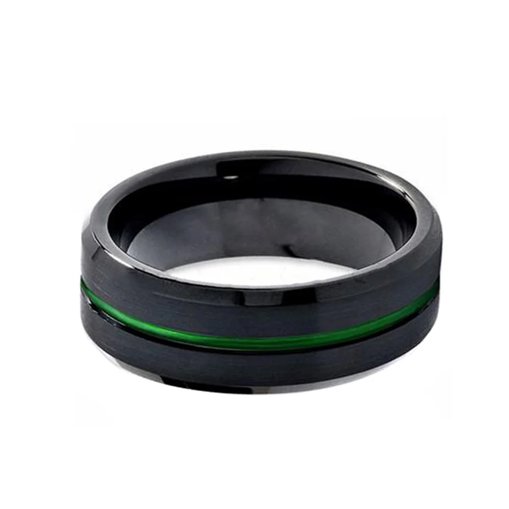 Black Tungsten Carbide Brushed Center Green Groove Unisex Ring
