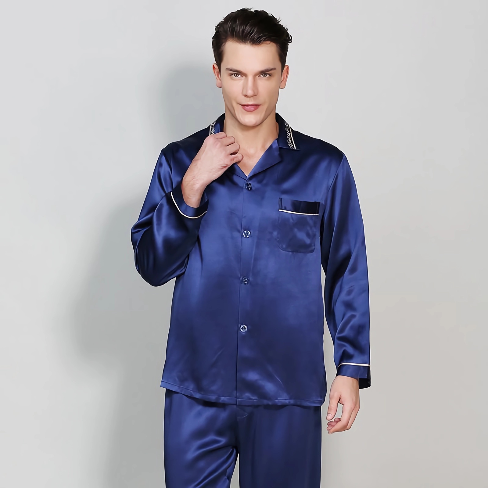 Classic Contrast Piping Men's Silk Pajamas REAL SILK LIFE