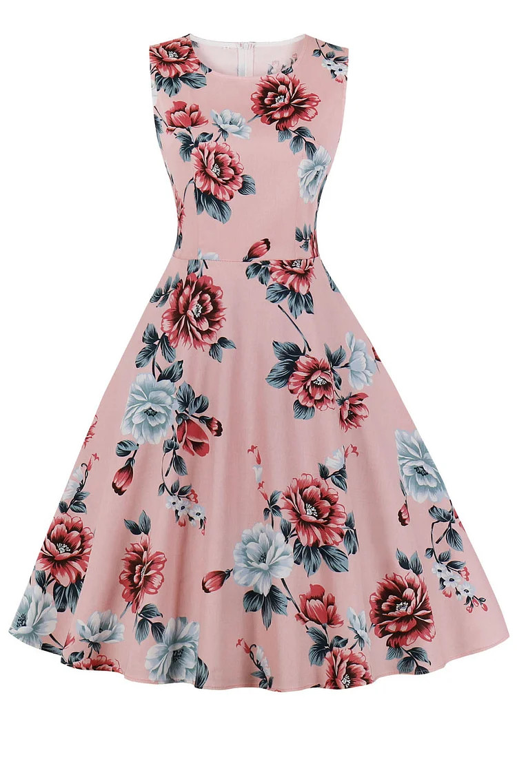 1950s Pink Casual Floral Print Round Neck Sleeveless Flare Swing Midi Dress
