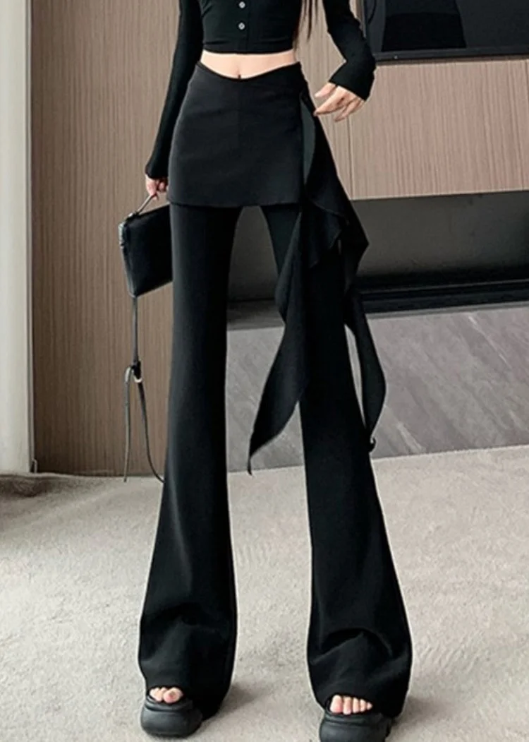 Chic Black Asymmetrical Ruffled Spandex Flare Bottoms Spring