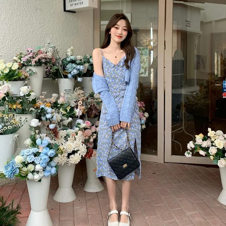 Aesthetic Spaghetti Strap Floral Print Dress / Cardigan YP845
