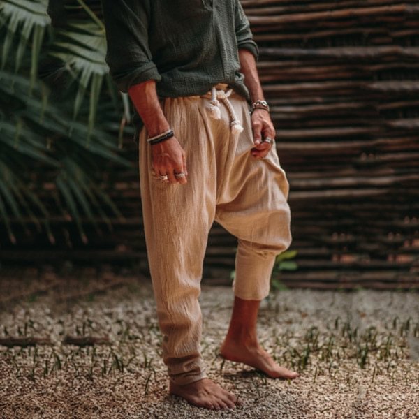 Men's casual loose cotton and linen trousers
