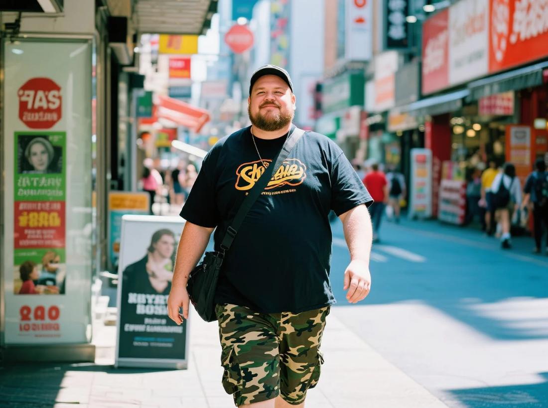A big and tall man explore urban in camouflage shorts