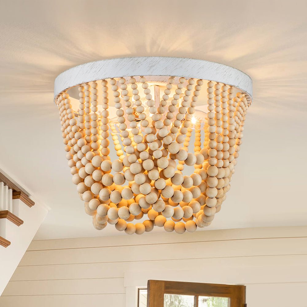 3-Light Round Draped Wood Bead Ceiling Light