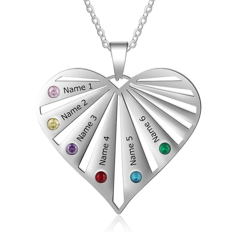 Heart Birthstone Necklace Grandma Necklace with 6 Stones Engraved 6 Names Mom Necklace in Silver