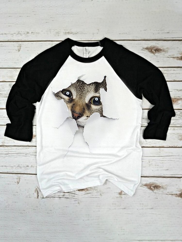 Cute Cat Print Raglan Sleeves O neck Casual T shirt For Women P1766863