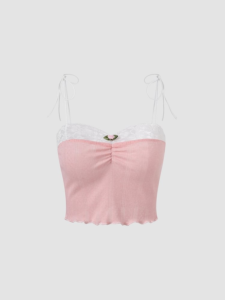 Lace Stitch Floral Tie Shoulder Strap Crop Cami