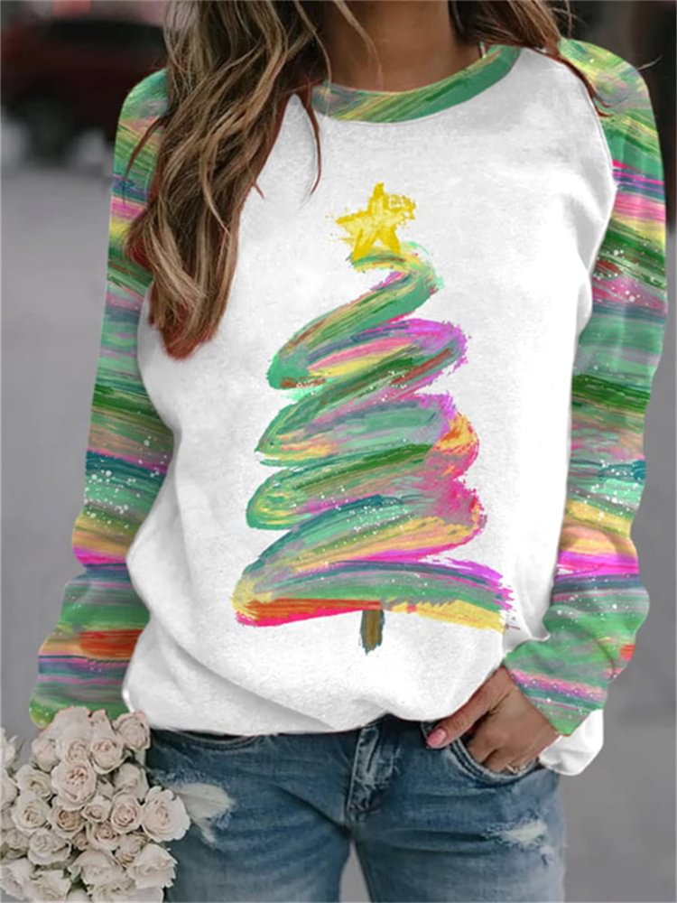Comstylish Oil Painting Christmas Tree Patchwork Sweatshirt