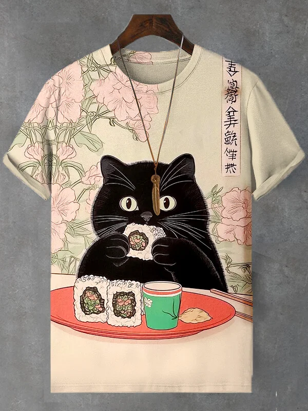 Men's Japanese Black Cat Eating Sushi Art Print T-Shirt