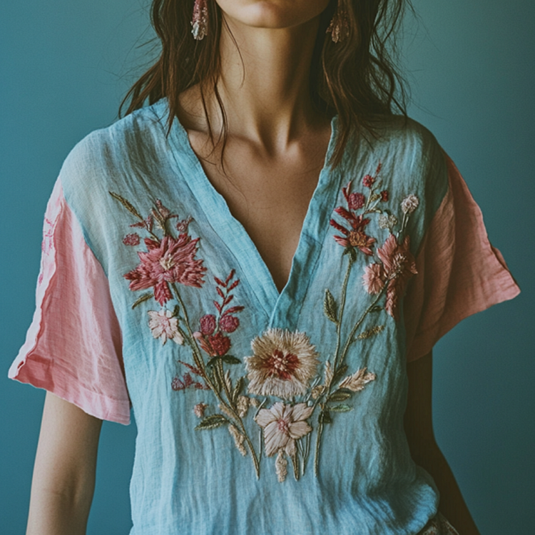Women's Floral Blue And Pink Embroidery V Neck Casual Linen Top