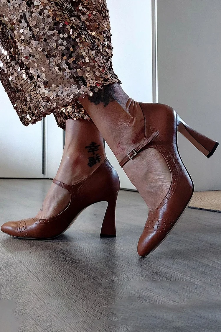 Ankle Strap Buckle Pointy Toe Brown Retro Block Heels