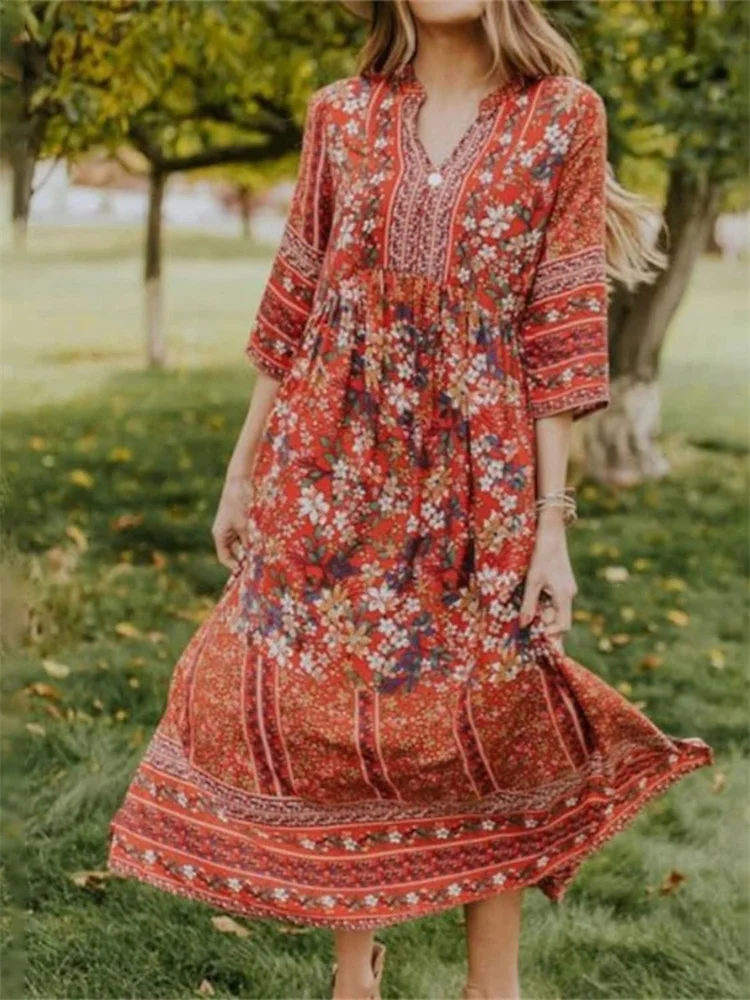 Boho Floral Notch Neck A Line Maxi Dress