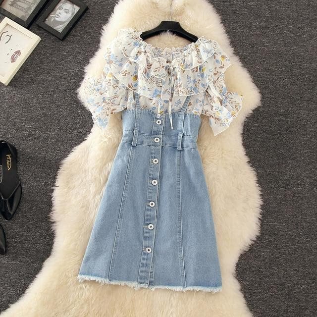 Fashion Chiffon Short Sleeve Tops +Denim Suspender Mini Skirts SP14987