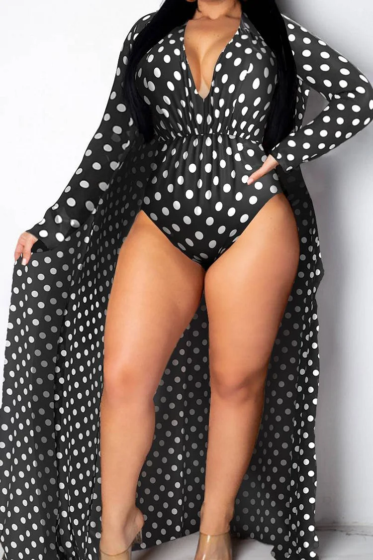 Plus Size Beach Black Polka Dot V Neck Long Sleeve Fold Swimsuit Fabric Two Pieces Swimsuit Cover Ups Set